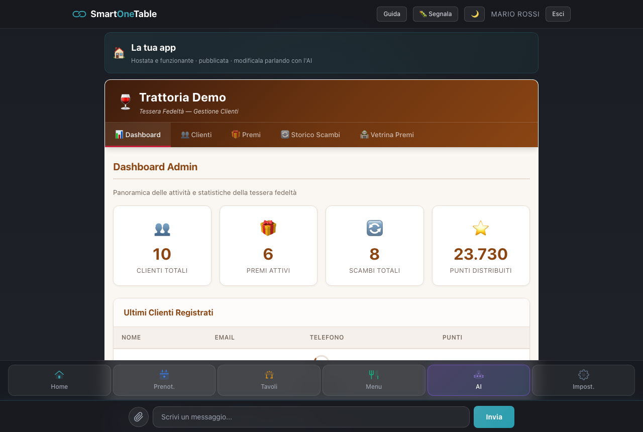 La scheda “La mia App”: anteprima dal vivo dell’app costruita, modifiche a voce e pubblicazione in un click.
