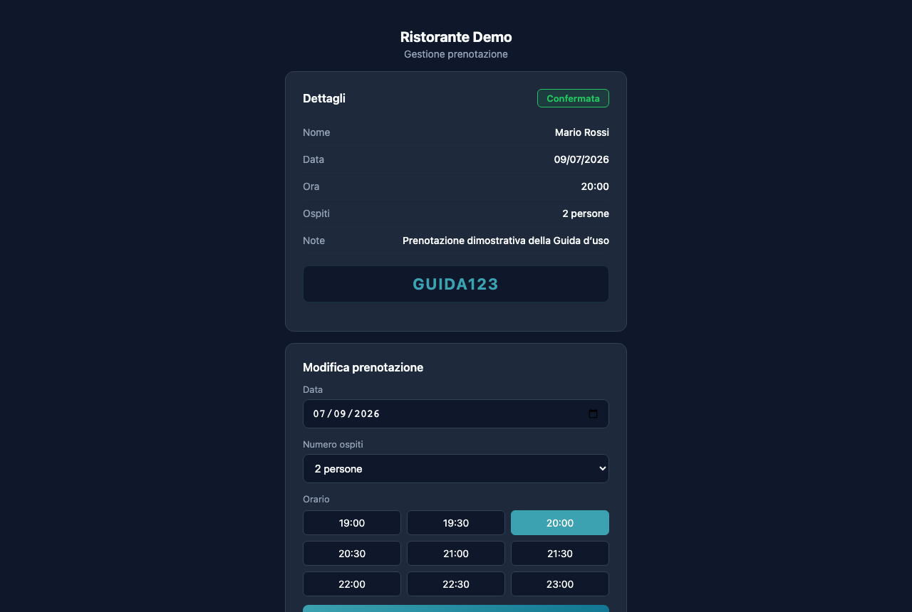La pagina personale della prenotazione: dal link ricevuto il cliente sposta data e orario o cancella da solo, senza telefonate.