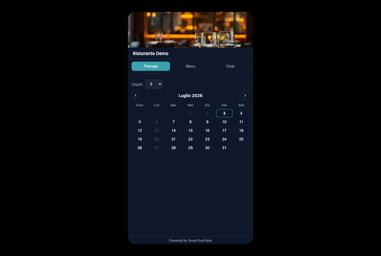 Il widget di prenotazione: selettore coperti e calendario disponibilità.