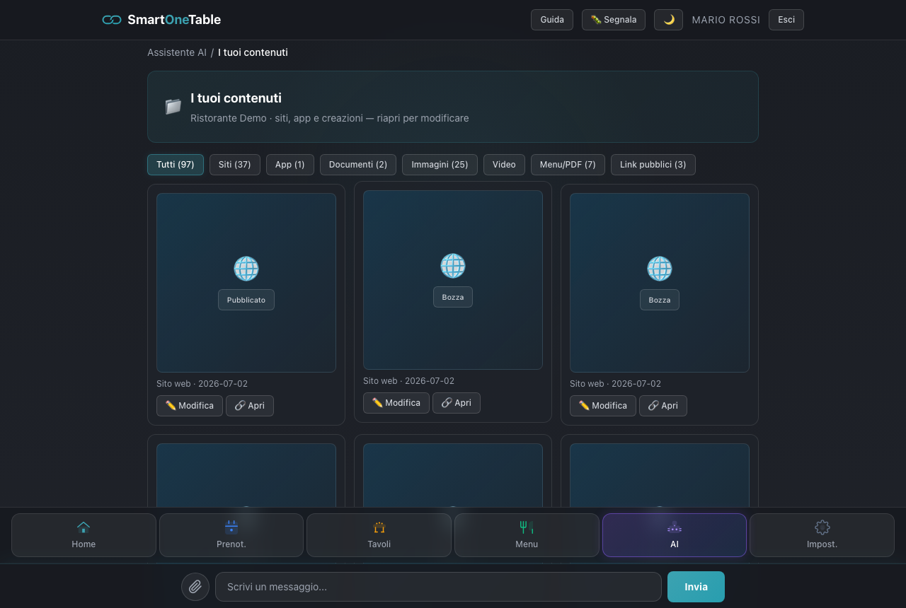 Hub contenuti: ritrova, modifica e condividi siti, app, immagini e video creati con l’AI, filtrati per tipo.