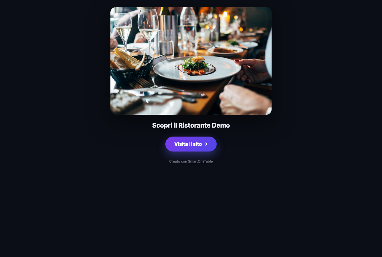 La landing condivisibile: banner a tutto schermo e invito a prenotare un tavolo o visitare il sito.