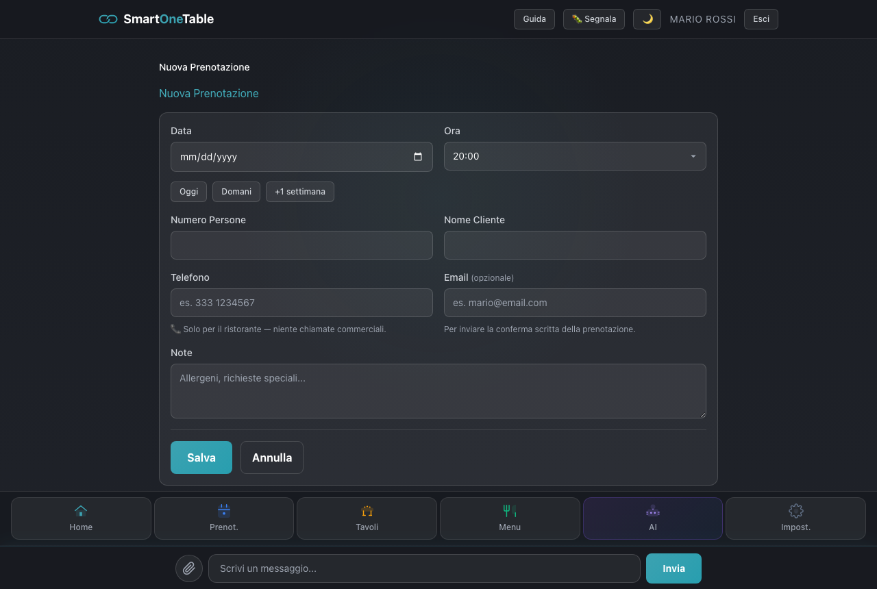 Nuova prenotazione: aggiungi un tavolo a mano con data, orario, coperti e dati del cliente; l’email di conferma parte in automatico.