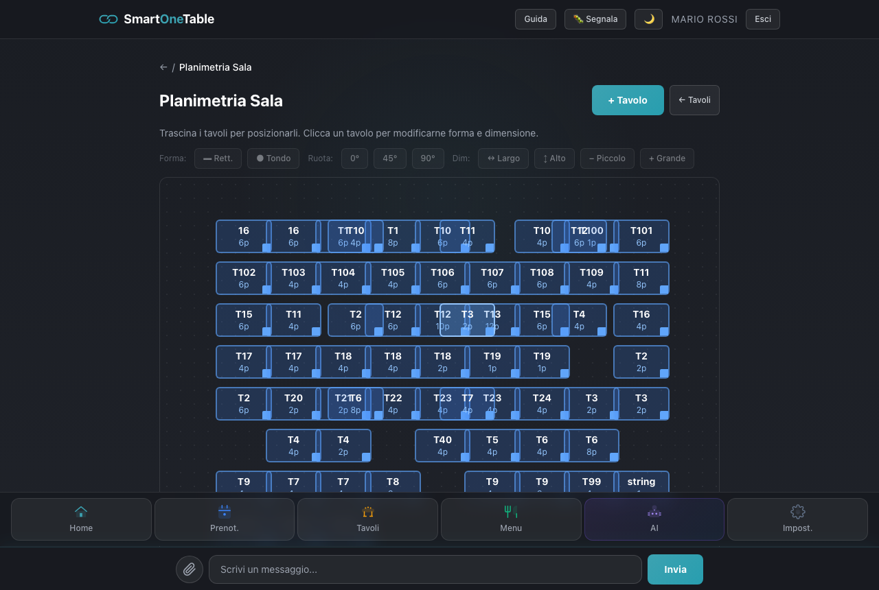 Planimetria sala: trascina i tavoli per disegnare la disposizione reale del locale e modificarne forma e dimensione.