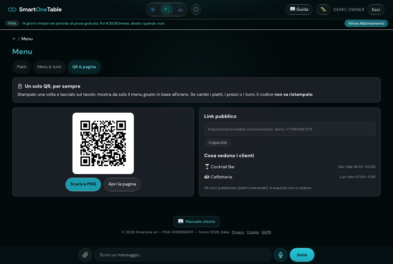 Sotto-scheda QR & pagina: il codice permanente e l’indirizzo pubblico del menu. Si stampa una volta e resta valido per sempre, anche cambiando piatti, prezzi o turni.