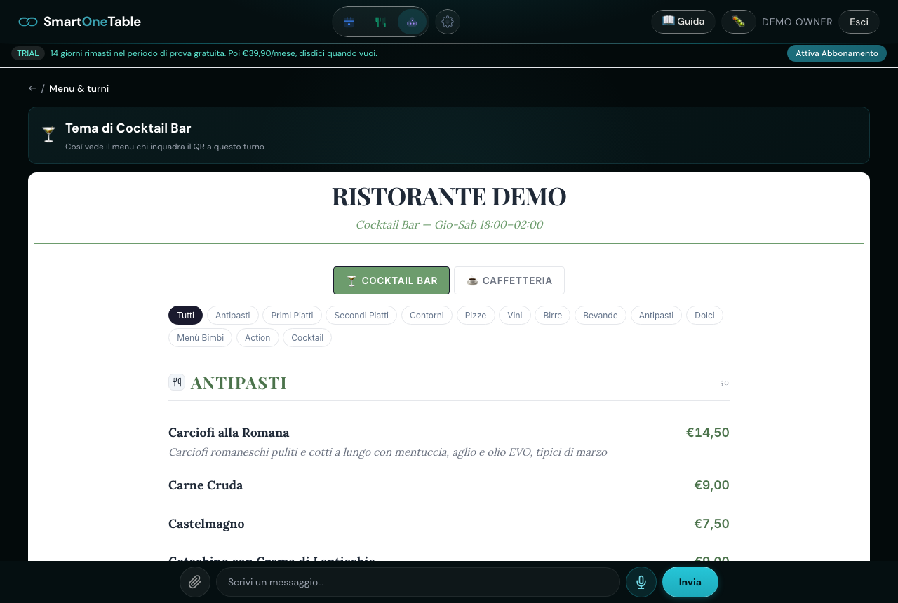 Il vestito della pagina: l’AI disegna caratteri, colori e ornamenti del menu-turno. Cambia solo la grafica — piatti e prezzi restano quelli veri, letti dal listino a ogni apertura.