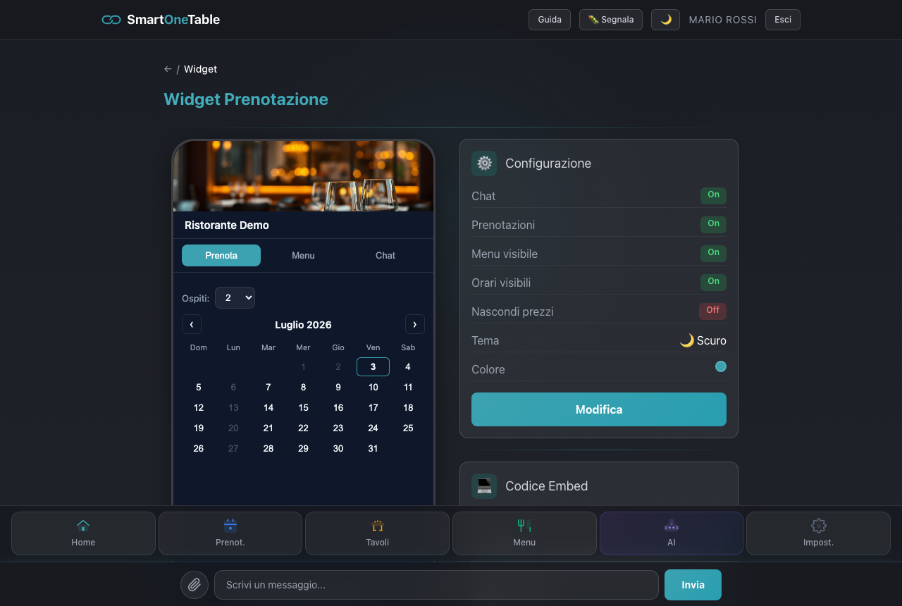 Widget: anteprima e codice da incorporare nel proprio sito.