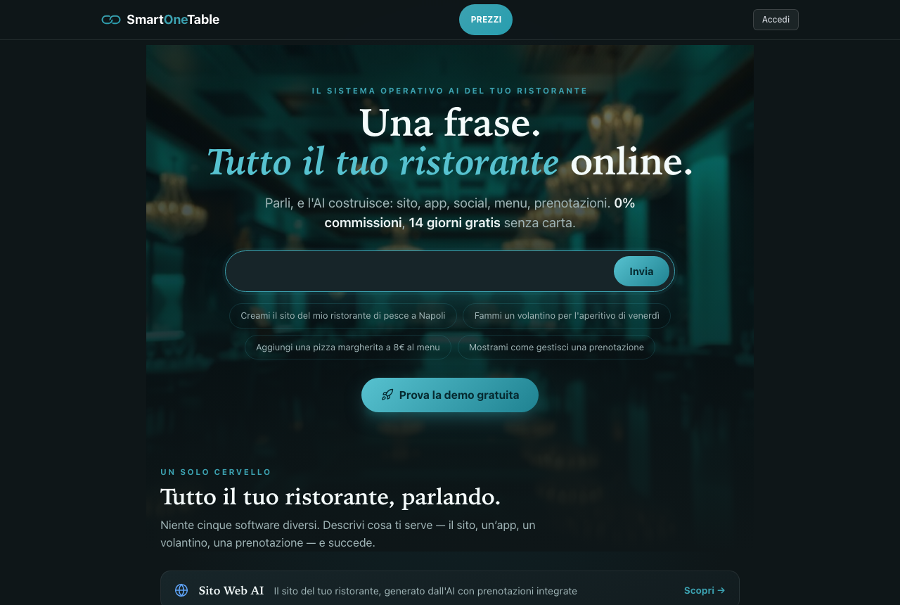 Il hero della home: una frase, tutto il tuo ristorante online. La barra AI suggerisce da sola cosa chiederle; le proposte sotto avviano una risposta reale, non un video dimostrativo.