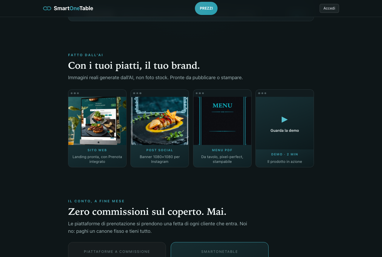 La galleria di ciò che l’AI produce davvero: sito vetrina, app gestionale, post social e menu stampabili — con il video demo apribile a schermo intero.