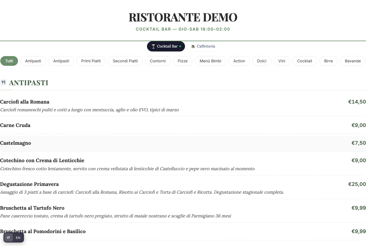 La pagina che il cliente vede inquadrando il QR: il menu del turno attivo in quel momento, e le linguette per passare agli altri turni del locale.