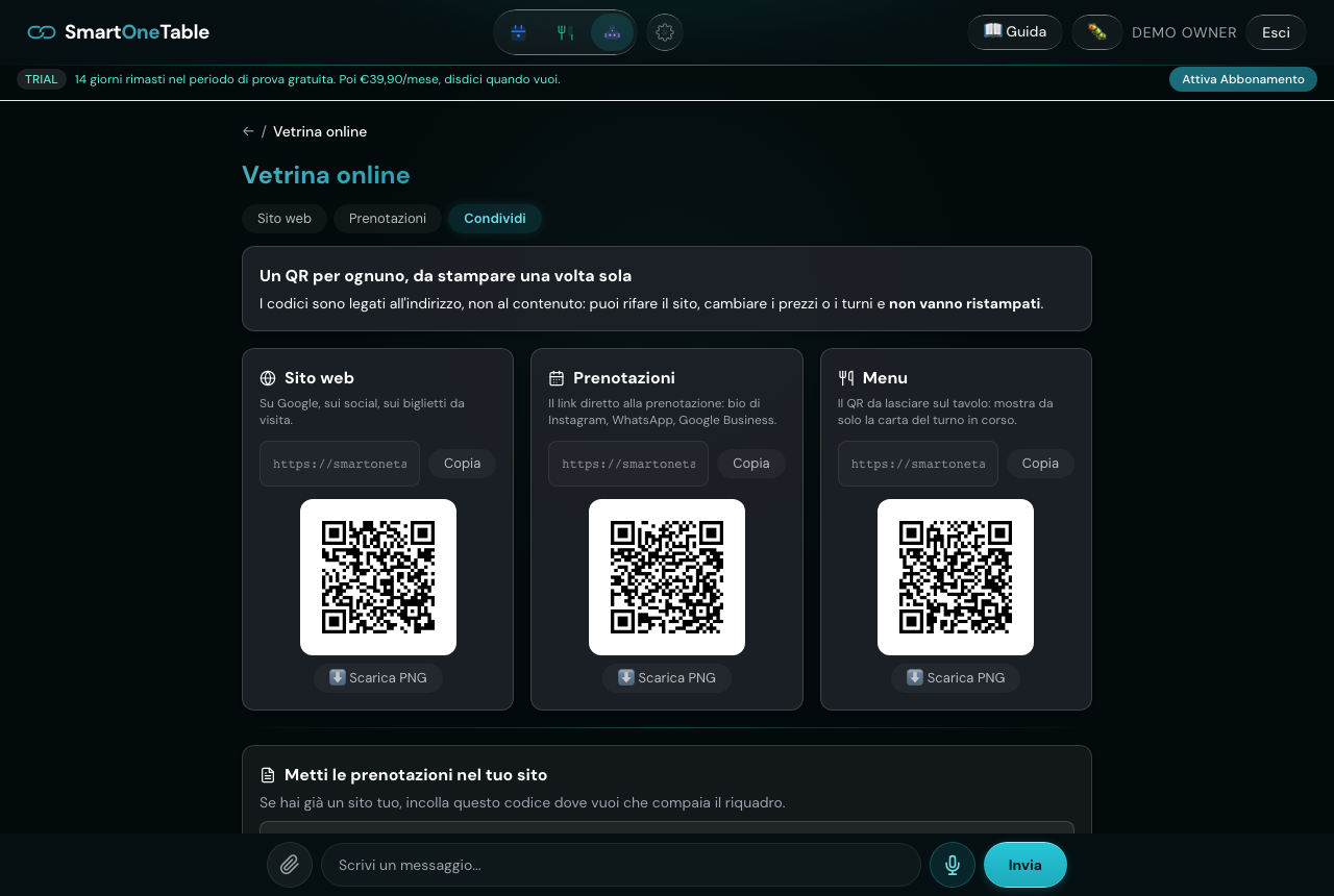 Condividi: un indirizzo pubblico e un QR per sito, prenotazioni e menu. Si stampano una volta sola — i codici sono legati all’indirizzo, non al contenuto, quindi rifare il sito o cambiare i prezzi non li invalida.
