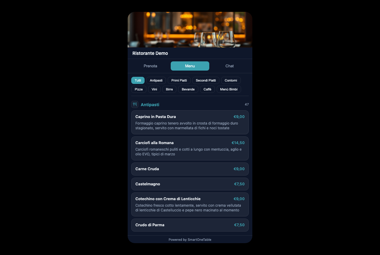 La scheda Menu del widget: il cliente sfoglia piatti e prezzi senza lasciare la pagina; nella scheda Chat può chiedere all’AI orari, piatti e disponibilità.